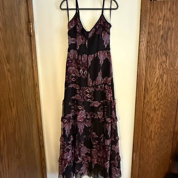 Bebe Black and Purple Ruffle Flowy Maxi Dress Bohemian V-Neck - Picture 3 of 7